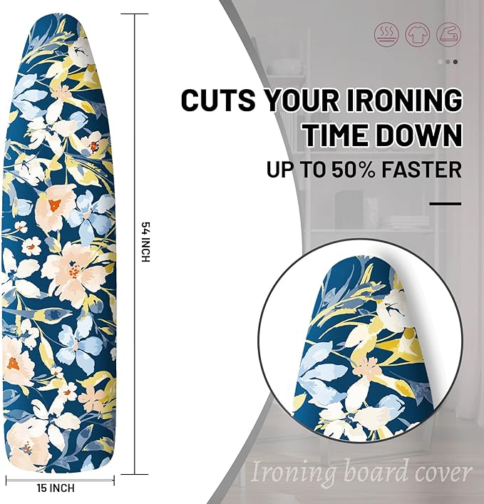 Extra Thick Ironing Board Cover and Pad, 15x54 Ironing Board Cover, Resist Scorching and Staining,Elastic Edges,Orange Flower Blue Watercolor