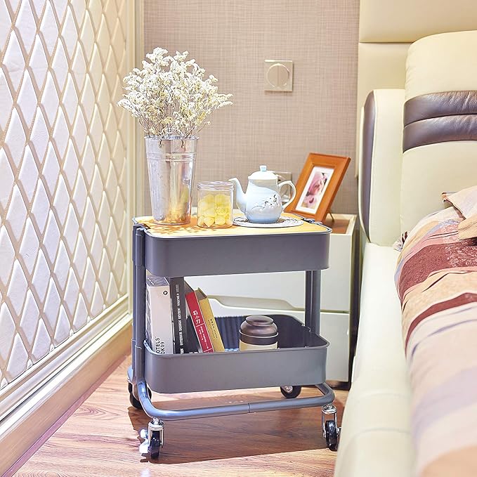 2-Tier Metal Utility Rolling Cart Storage Side End Table with Cover Board for Office Home Kitchen Organization, Dark Gray