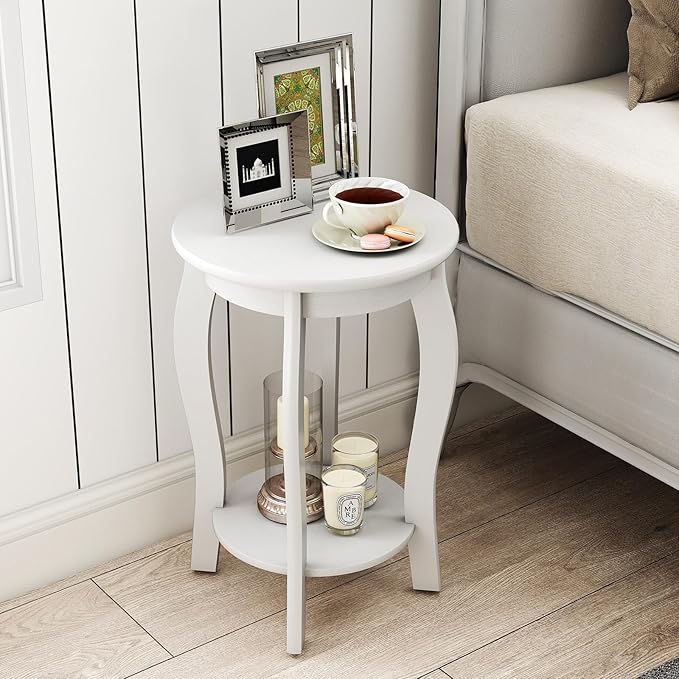 GOFLAME 2-Tier Round End Table, Mid-Century Modern Sofa Side Table with Storage Shelf, Solid Wood Legs, Compact Accent Table, Nightstand for Living Room, Bedroom, Small Space, White