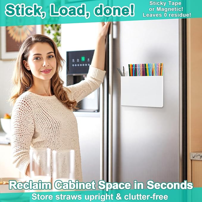 Acrylic Straw Holder for Cabinet Door, Reusable Straw Organizer with Removal Adhesive Tapes, Magnetic Mount, Drinking Straw Storage Container for Kitchen Bar Counter Cupboard 1 Pack