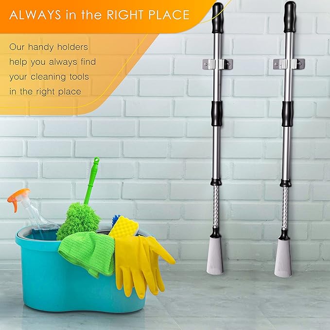 Self Adhesive Broom and Mop Holder Wall Mounted – SUS304 Stainless Steel 2-Slot Organizer with Anti-Slip Rubber Grips, 25lb Load, Adjustable for 0.6–1.4" Handles, Garage Kitchen Bathroom Use, 2 Pack-NeatNest
