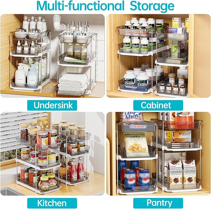 Delamu 2 Sets of 3-Tier Bathroom Under Sink Organizers and Storage, Multi-Purpose Stackable Pantry Organization and Storage, Grey-NeatNest