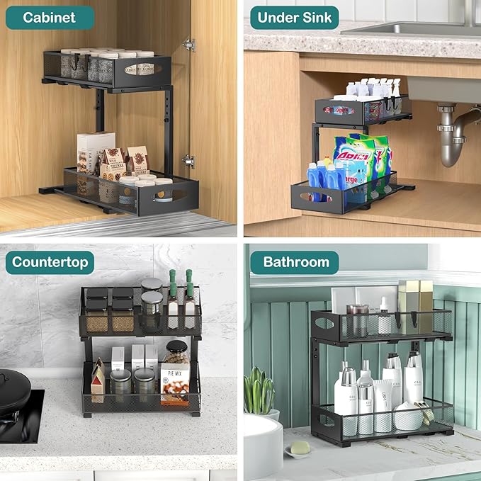 1 Pack Under Sink Organizer, 2 Tier Metal Pull Out Under Sink Storage with Sliding Mesh Drawers, Height Adjustable Slide Out Under Sink Organizer for Kitchen Bathroom Cabinet, Black-NeatNest