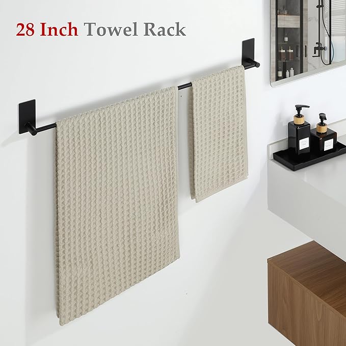 Alise Towel Racks for Bathroom, 28 Inch SUS 304 Stainless Steel Adhesive Towel Bar No Drill, Strong Adhesion Matte Black Towel Rack, Rustproof Bath Towel Holder