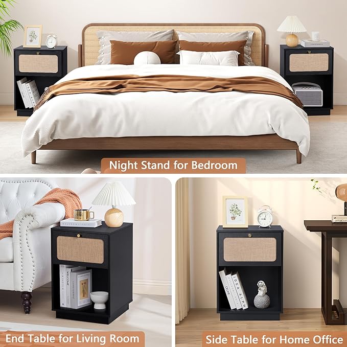 Mid Century Night Stand with Drawer, Farmhouse End Table with Storage & Curved Linen Panel, Modern Nightstands Bedside Table Small Side Tables for Small Space, Bedroom (Black)