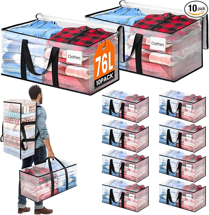 BlissTotes 10-Pack Large Moving Bags with Backpack Straps & Strong Zippers, Heavy-Duty Storage Bags Moving Boxes for Space Saving, Dorms, Transport, 76L-20 Gallons, Clear-NeatNest