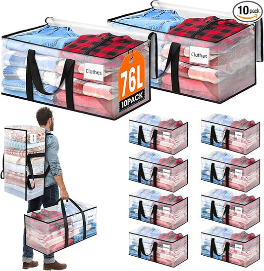 BlissTotes 10-Pack Large Moving Bags with Backpack Straps & Strong Zippers, Heavy-Duty Storage Bags Moving Boxes for Space Saving, Dorms, Transport, 76L-20 Gallons, Clear-NeatNest