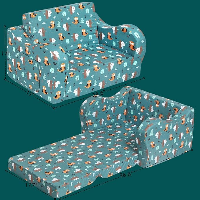 Happy Owl Kids Sofa, 2-in-1 Kids Couch Fold Out, Convertible Sofa to Bed for Girls and Boys-NeatNest