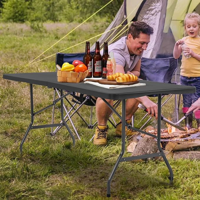Folding Table 6 FT Heavy Duty Plastic Foldable Table with Carrying Handle for Garden Party Picnic Camping BBQ Dining Kitchen Wedding Market Events, Black-NeatNest