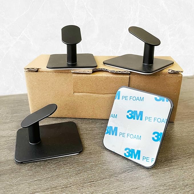 Adhesive Hooks - 4 Pack Towel/Wall Hooks for Hanging Coat, Hat,Towel Robe, Heavy Duty Hooks Stick on Kitchen or Bathroom (Matte Black, Waterproof, Stainless Steel)