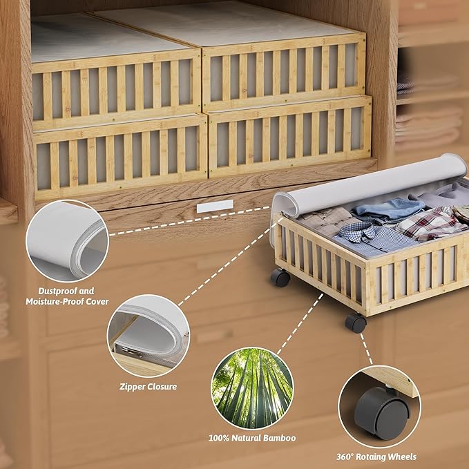 Bamboo Under Bed Storage Containers with Wheels, 2 Pack Under the Bed Shoe Storage Bins, Wood Rolling Underbed Drawers with Bag Organizer for Bedroom, Sheets Clothes Blanket Comforter, Under Crib Toy-NeatNest