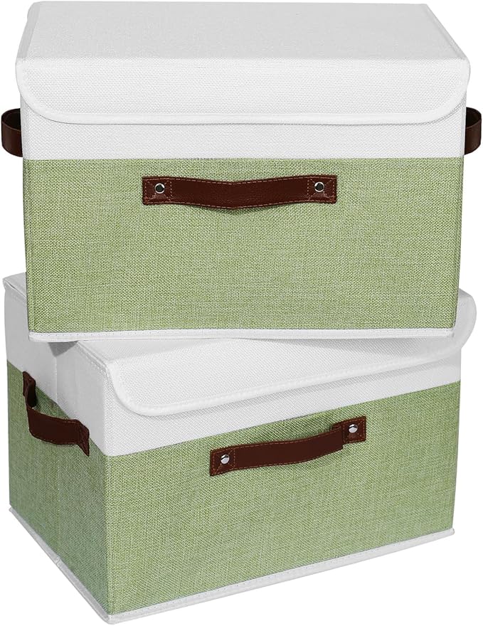 ANMINY 2PCS Storage Boxes with Lid Washable Decorative Storage Bins Basket with PU Leather Handle Foldable Linen Fabric Storage Cubes Containers for Home Closet Organizer - Green White, Large Size-NeatNest