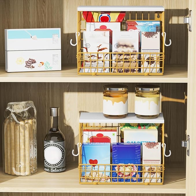 Gold Wire Basket for Organizing, Onion Storage, Hanging Wall Mount Fruit and Vegetable Storage for Pantry Organization, Sturdy Wire Metal Fruit Basket with Lid for Kitchen Laundry Countertop