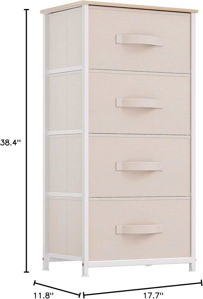 DWVO Storage Tower with 4 Drawers - Fabric Dresser, Organizer Unit for Bedroom, Living Room, Closets - Sturdy Steel Frame, Easy Pull Fabric Bins & Wooden Top (Cream White)-NeatNest
