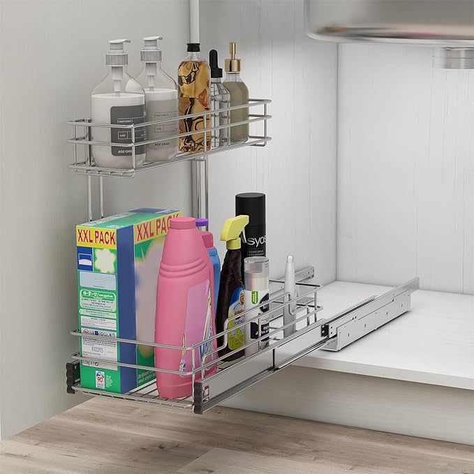 Under Sink Organizer 9"W X17"D, Pull Out Cabinet Organizer 2 Tier, Under Sink Slide Out Chrome Plated, Under Kitchen Bathroom Sink Organizer, Pantry Cabinet Closet Organization Rack, 2 Pack-NeatNest