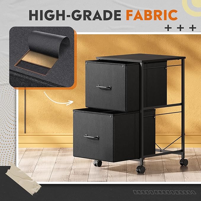 DEVAISE 2 Drawer Mobile File Cabinet, Rolling Printer Stand, Fabric Vertical Filing Cabinet fits A4 or Letter Size for Home Office, Black-NeatNest