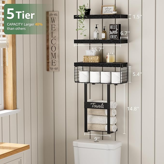 Bathroom Shelves Over Toilet - Floating Shelf for Wall Above Toilet Towels Holder Small Farmhouse Decor Shelves (15.7 inch, Set of 3, Black)-NeatNest