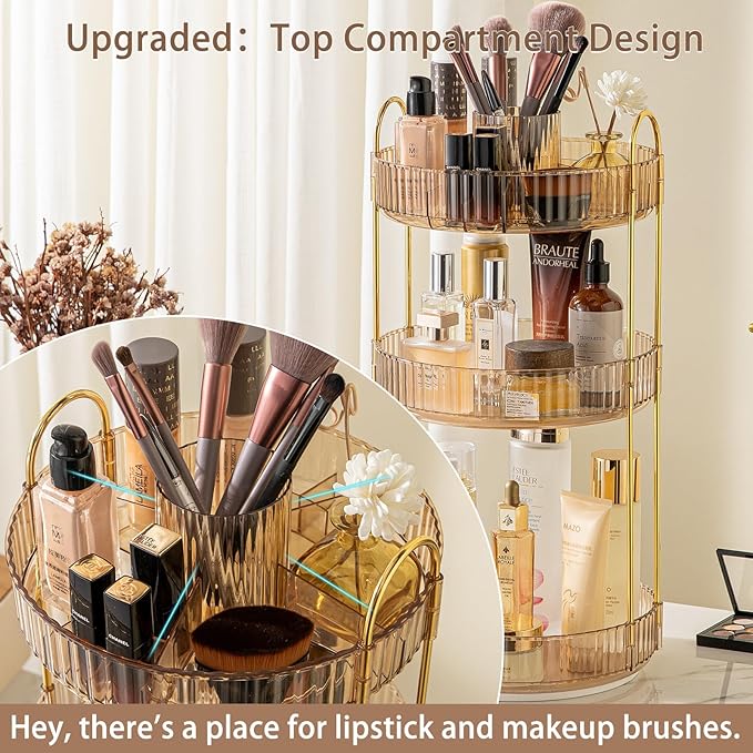 Rotating Makeup Organizer for Vanity, High-Capacity Skincare Clear Make Up Storage Perfume Organizers Cosmetic Dresser Organizer Countertop 360 Spinning (Gold, New-3 Tier)-NeatNest