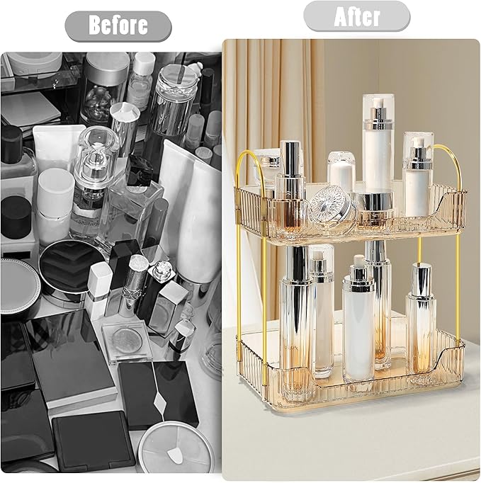 Bathroom Counter Organizer Countertop Storage Skincare Countertop Makeup Organizer Cosmetics Skincare Organizers Holder for Perfume-Amber-golden pole-NeatNest