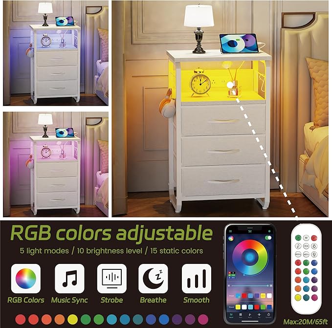 Bed Side Table with 3 Fabric Drawers, White Night Stand, LED Nightstand with Hooks, Bedside Table with Charging Station, End Table with Storage, Night Table for Living Room, Bedroom, Dorm-NeatNest