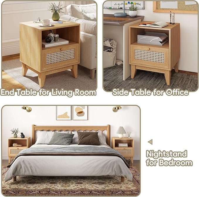 Rattan Bed Side Tables of 2 with Charging Station Wood Farmhouse Nightstands Set of 2 with USB and Type-C Ports for Bedroom Oak Rustic End Table with Drawer and Opening Shelf for Living Room