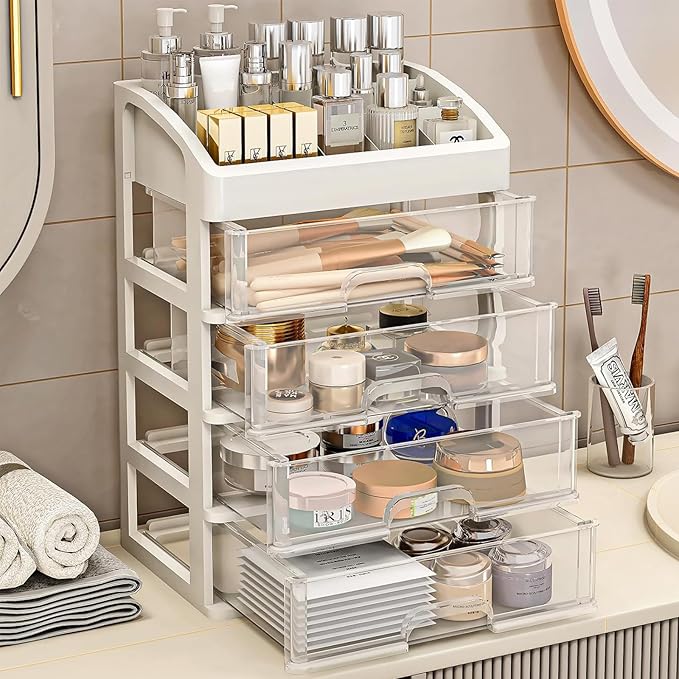 Desk Organizer with 4 Drawer Storage, Desktop Drawers Organizer for Office/School Supplies, Plastic Stationary Makeup Organizer, Desk Storage Box Organizer for Office, School, Bathroom-NeatNest