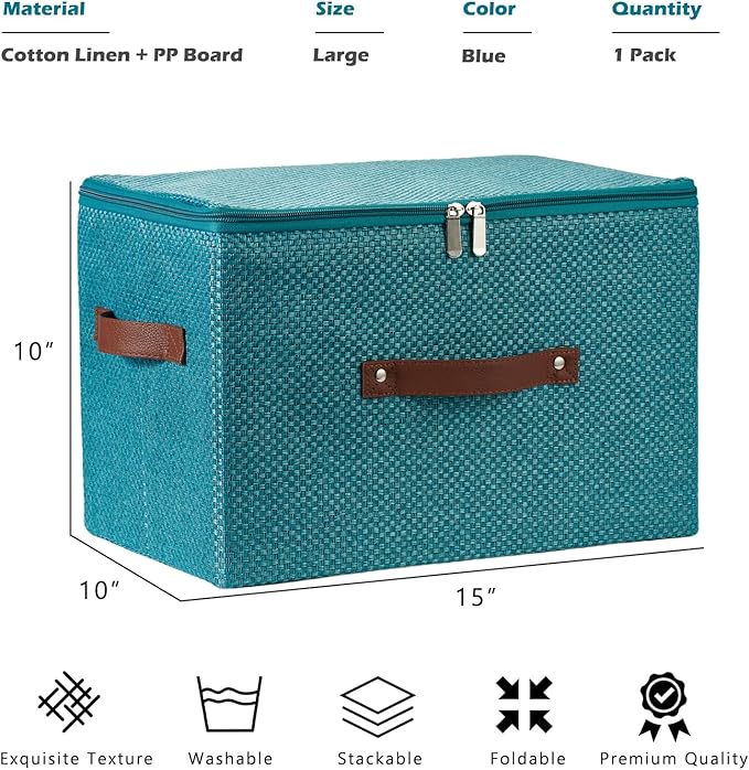 Storage Bins with Lid Fabric Storage Box Basket PU Leather Handle Textured Woven Cotton Linen Decorative Foldable Washable Shelf Closet Organizer Container (Zipper Lid, Blue, Large)-NeatNest