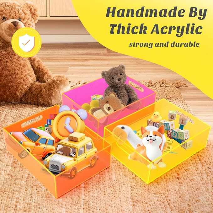 Acrylic Storage Bin Pantry Storage Container with Handles Kitchen Organizer Bin for Cabinet Cupboard Organization, Heavy Duty, 12.6 x 9.4 x 4'', Neon Yellow