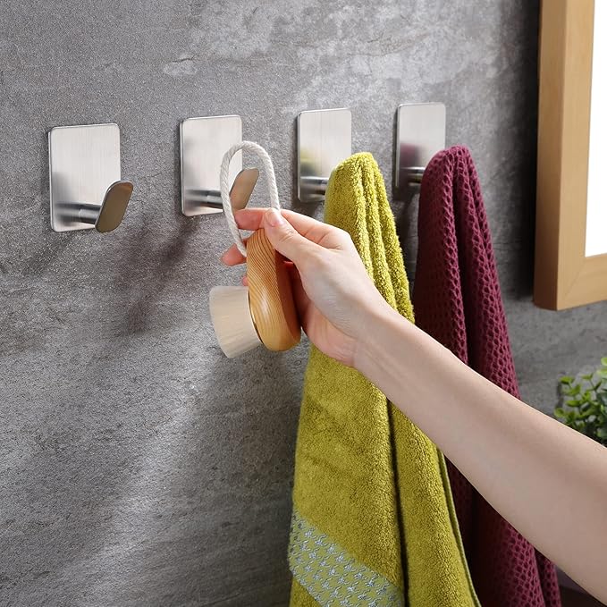 DELITON Adhesive Towel Hooks on Wall: Robe Hooks for Hanging Clothes Hats Stick on Bathroom/Kitchen SUS 304 Stainless Steel Silver-NeatNest