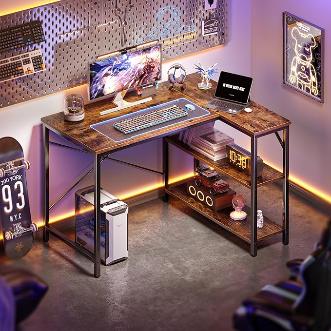 Huuger L Shaped Desk, 39 Inches Computer Desk with Reversible Storage Shelves, Gaming Desk, Corner Home Office Desks, Writing Study Desk with Metal Frame, Rustic Brown-NeatNest