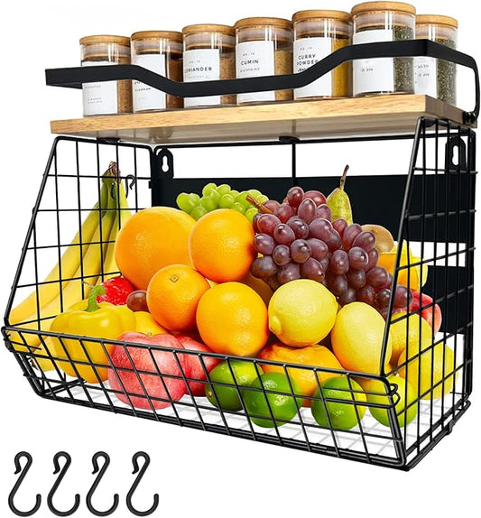 bealy Upgrade Strong Magnetic Shelf for Fridge with Wood Lid Top, XXL Large Capacity Magnetic Spice Rack for Fridge, Multifunction Kitchen Pantry Organizers and Storage, Fruit Potato Storage Basket-NeatNest