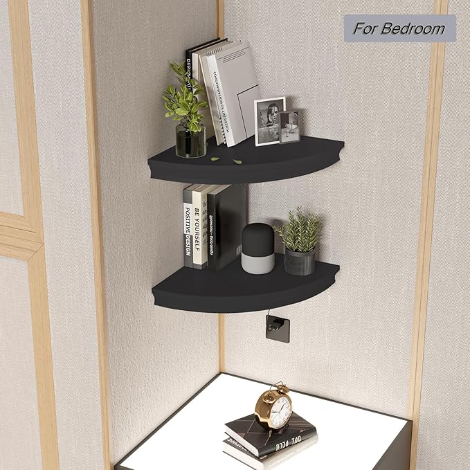 HAO Floating Corner Shelf Invisible Wall Mounted Shelves Radial Shape Cable Wire Hole Pattern Perfect for Bedroom Bathroom Living Room Kitchen Set of 2 Black-NeatNest