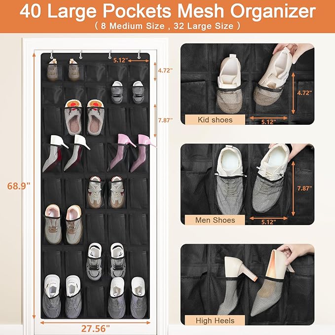 FENTEC 40 Large Pockets Over The Door Shoe Organizer, Mesh Hanging Shoe Organizer Shoe Rack for Closet Mesh Closet Shoe Holder, Over Door Organizer, Shoe Organizer for Wall, Black, 1 Pack-NeatNest