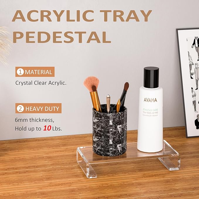 Acrylic Tray Pedestal Stand Bathroom Décor, Crystal Clear Display Risers Kitchen Resist Dirt and Moisture, Soap Dish Holder for Counter, Sink, Vanity, 8.66'' x 3.9''
