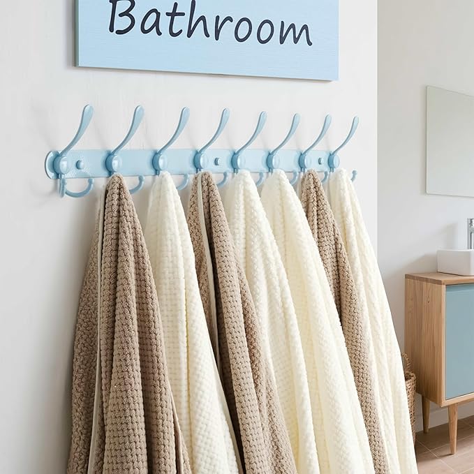 Dseap Coat Rack Wall Mount - 29.5” Long 8-Tri-Hooks Heavy Duty Coat Hanger Rail Wall Hooks for Hanging Coats Hats Clothing Clothes Purse Mudroom Entryway, Blue-NeatNest