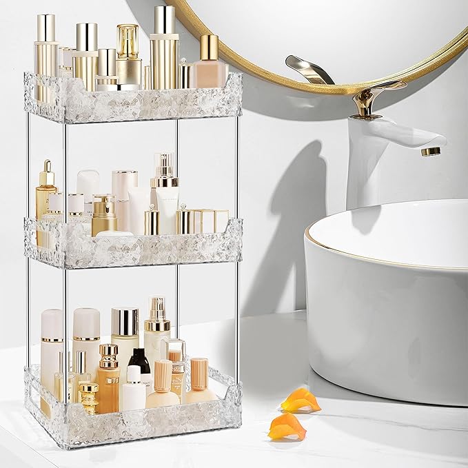 3-Tier Bathroom Counter Organizer Countertop Storage, Dresser Organizer Vanity Tray for Makeup, Perfume Organizer Cosmetics Skincare Shelf - Clear-NeatNest