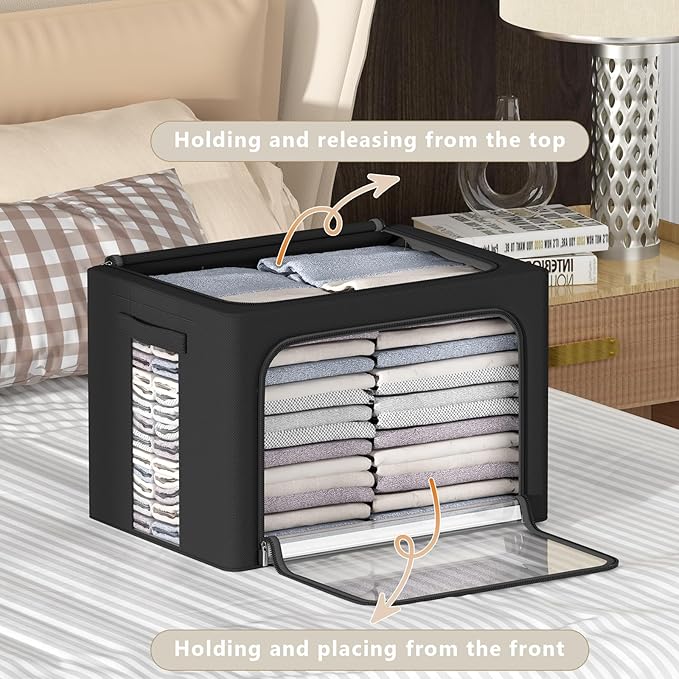 3Pack Frame Storage Box - Clothes Storage Bin Bags Oxford Fabric Foldable Stackable Container Organizer Set with Clear Window & Carry Handles (Black, Large-66L)-NeatNest