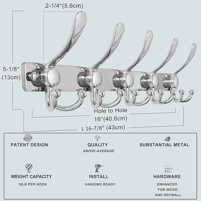 Dseap Coat Rack Wall Mount 2.0 Pro: Heavy Duty 300% Thicker, 16" Stud Mount, Stainless Steel Wall Coat Hooks Hanger for Clothes Jackets Hats Entryway Closet, MaxStrong Series, Chromed