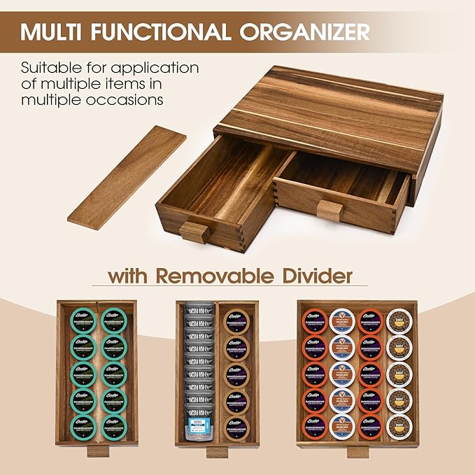 Acacia Wood K Cup Holder,Coffee Pods and Tea Bag Storage Organizer,with Two Drawers Kcup Holders for Counter,Multi-Functional Coffee Maker Stand-NeatNest