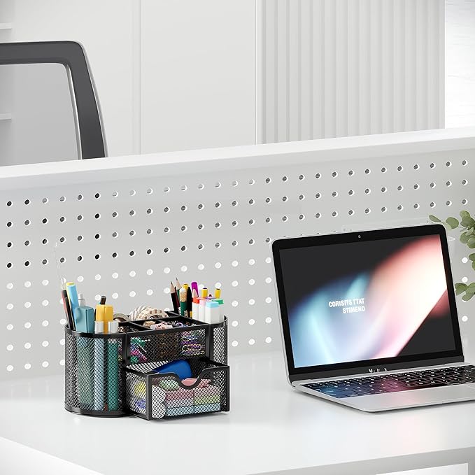 EasyPAG Mesh Desk Organizer, Multi-functional Stationery Organizer for School Supplies, Office Pen Holder for Desk, 9 Compartments Dorm Organization with Drawer, Black