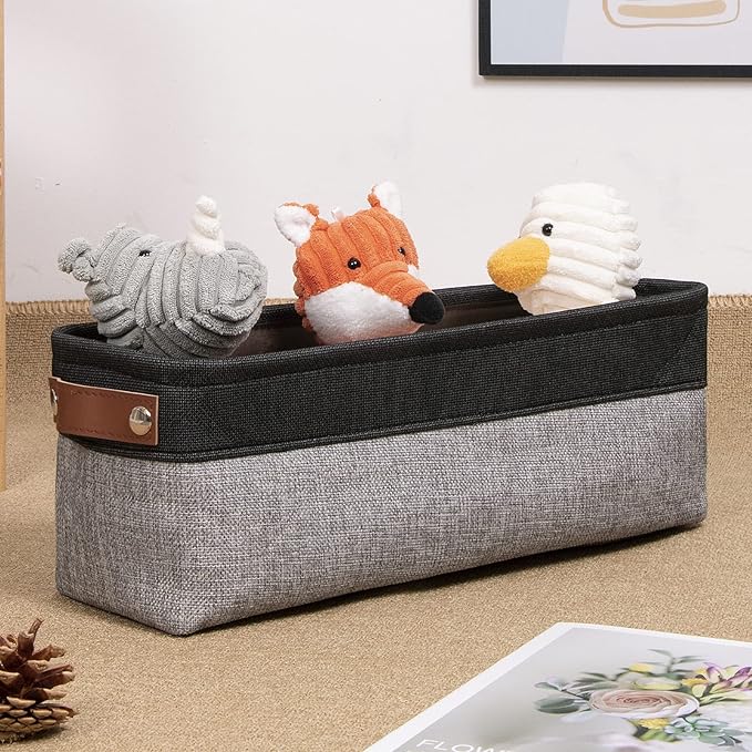DULLEMELO Fabric Bathroom Storage Bin with Leather Handles, Narrow Organizer for Towels, Toilet Paper Rolls, Storage Basket for Back of Toilet, Vanities, Shelves & Cabinets (Black&Gray)-NeatNest