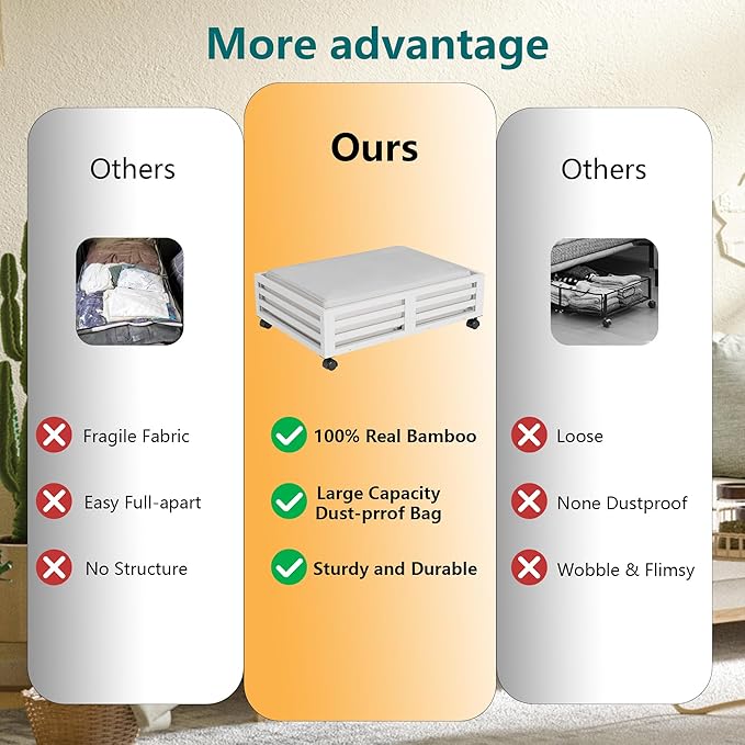 Bamboo Under Bed Storage Containers- Underbed Organizer with Wheels with Large Dust Bag,Sturdy Wood Rolling Under the Bed Shoe Storage Organizer Drawer 2 Packs (White, Small)-NeatNest