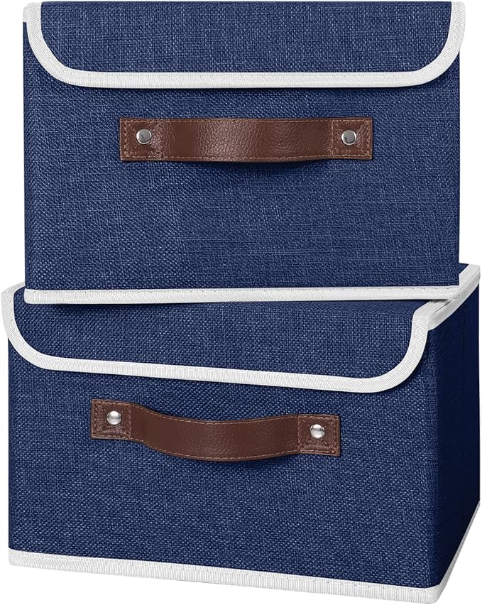 ANMINY 4PCS Storage Bins with Lid PU Leather Handles Storage Boxes PP Plastic Board Decorative Foldable Lidded Cotton Linen Fabric Home Cubes Baskets Closet Organizer Containers - Blue, Small Size-NeatNest