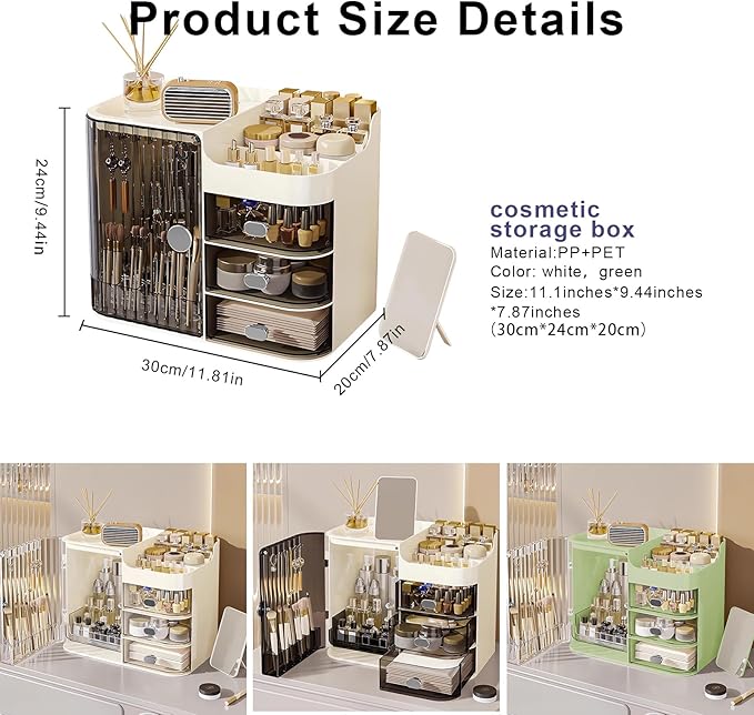 DASITON Makeup Organizer for Vanity,Large Capacity Makeup Storage Organizer with 3-Layer Drawers and Mirror,Cosmetics Display Case Make up Organizers for Vanity,Bedroom,Countertop(Black-Cream)