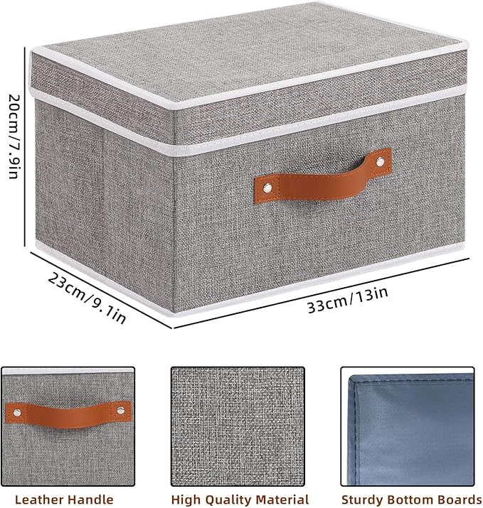 Fabric Storage Bins with Lids, Linen Foldable Clothes Boxes, Closet Organizer Containers with Double Handles, Baskets for Bedroom, Grey, 1 Pack, 13 x 9.1 x 7.9 Inch-NeatNest