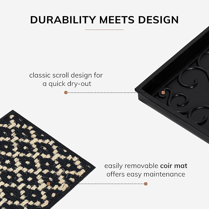 Anji Mountain AMB0BT2F-005 Black Rubber Boot/Shoe Tray with Coir, Fits 2 Pair (24.5" Wide), Black & Ivory Insert