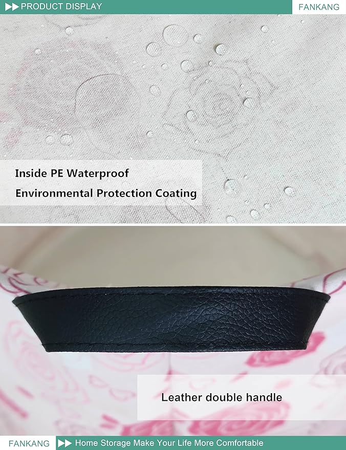 FANKANG Storage Basket, Nursery Hamper Canvas Laundry Basket Foldable with Waterproof PE Coating Large Storage Baskets for Kids Boys and Girls, Office, Bedroom, Clothes,Toys(Pink roses)