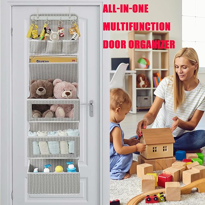 VICTORICH All-IN-ONE Over the Door Organizer, Super Behind the Door Storage Organizer with Door Rack and Large Clear Windows, Wall File Organizer, Hanging Organizer (New Branch Gray)