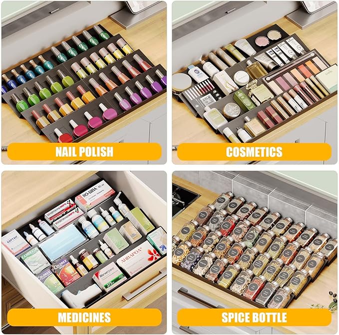 Famhap Spice Drawer Organizer, 8 Tier Expandable from 11.7" to 23.2" Seasoning Rack Tray Insert for Kitchen Drawers, Spice Rack Tray for Drawer/Countertop (Black)-NeatNest