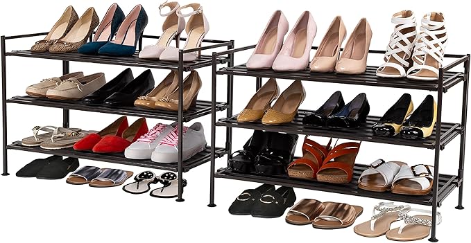 Seville Classics Sturdy Freestanding Storage Shelf for Bedroom, Closet, Entryway, Dorm Room Organizer, Stackable Durable Metal Shoe Rack, Espresso Slat, 3-Tier (2-Pack)-NeatNest